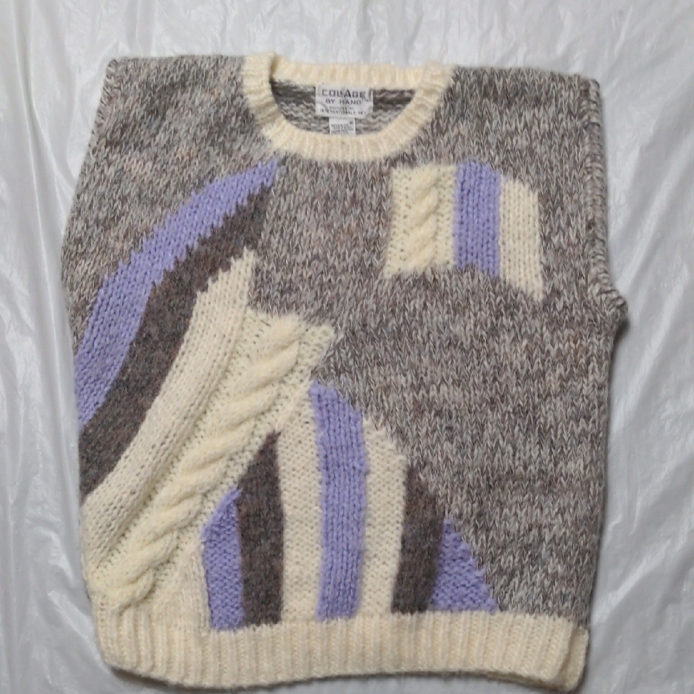 Vintage 80s Chunky Knit Geometric Print Sweater Vest Purple Gray Sz Medium